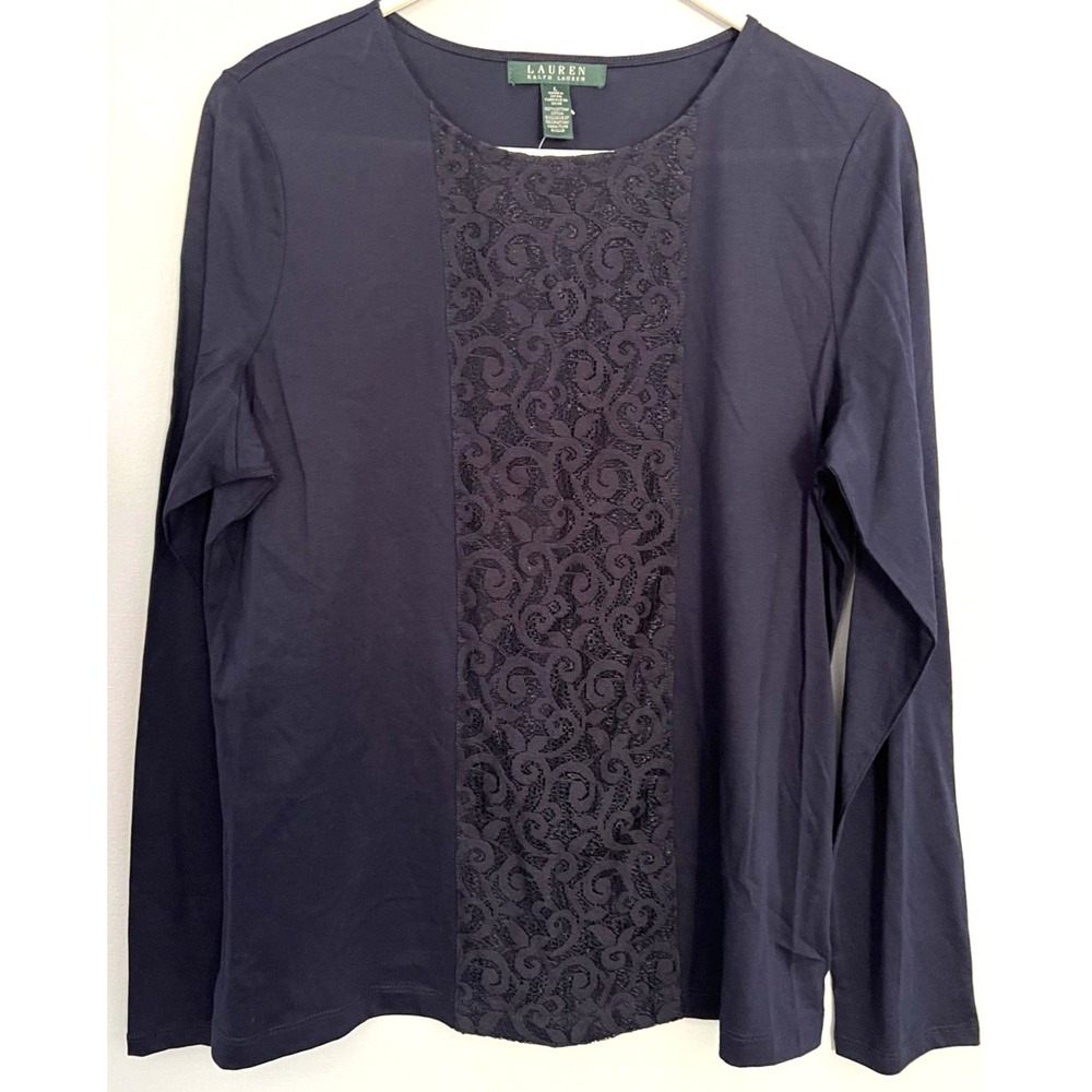 Lauren Ralph Lauren Shirt Womens‎ Large Navy Lace Panel Long Sleeve Pullover NWT